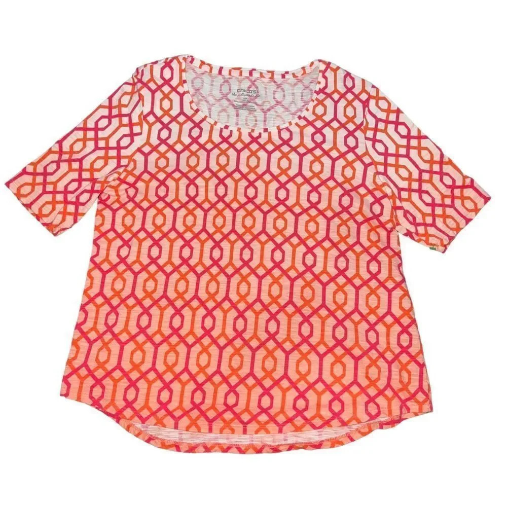 Chicos Ultimate Tee Womens Shirt‎ 3 Coral Short Sleeve Knit Stretch Geometric XL